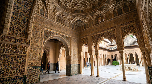 Elegant interior of a grand historic palace with ornate arches and columns.