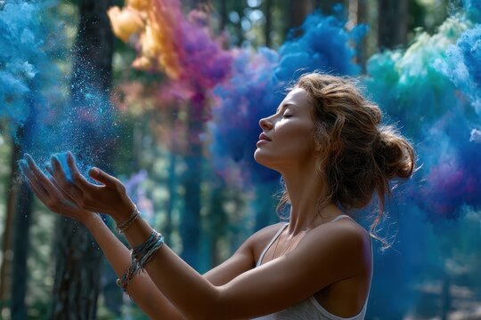 Woman experiencing colorful powder in a forest during a tranquil moment in nature