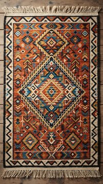 Traditional southwestern style woven rug with geometric patterns and fringes