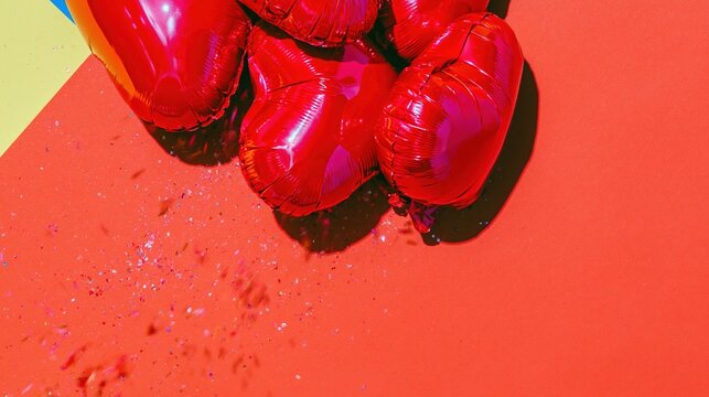 Crimson red heart shaped foil balloons on a vibrant coral orange surface with scattered confetti for a romantic Valentines Day greeting or banner