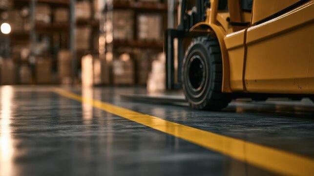 Yellow forklift parked in a warehouse with a yellow safety line on the floor