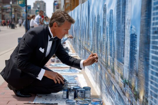 Artist in formal attire paints cityscape mural on urban street during sunny day