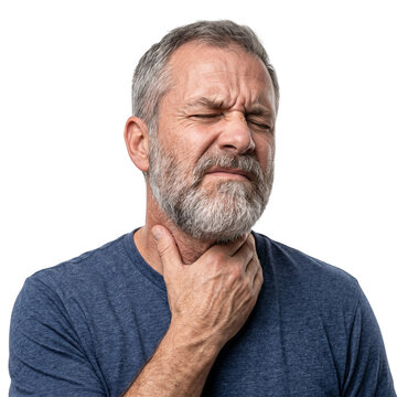 Man with sore throat, touching neck, grimacing in pain, isolated