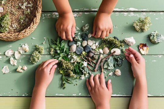 Childrens hands arranging wildflowers and small stones on a weathered green wooden table for a creative outdoor nature play activity