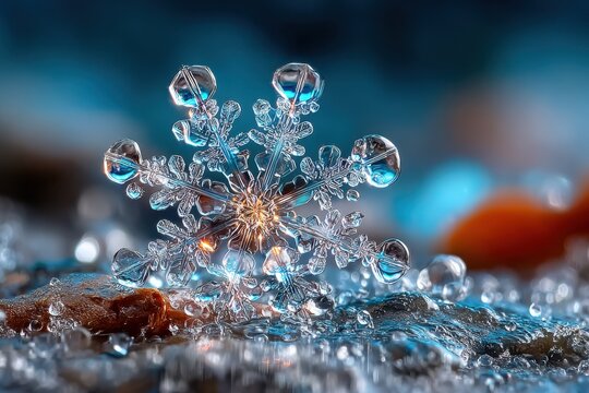 Intricate ice crystal snowflake on a wet rock