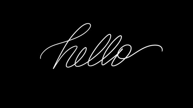 Hello Cursive Lettering Stroke Reveal Handwritten Continues Line Cursive Text Reveal Animation on Black Background
