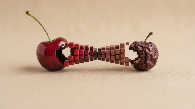 A fresh red cherry and a shriveled dried cherry connected by a bridge of digital voxels for food technology and preservation concepts