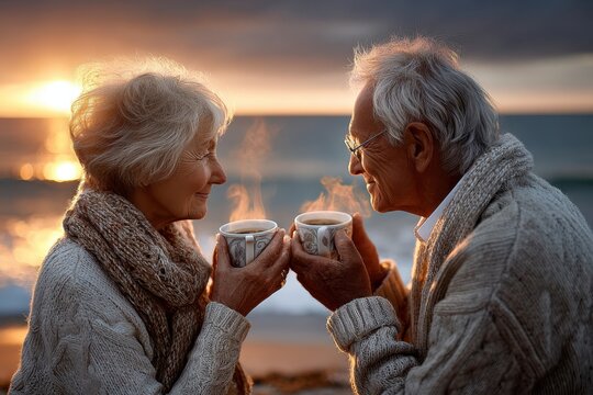 Elderly couple enjoys warm drinks together at the beach during sunset