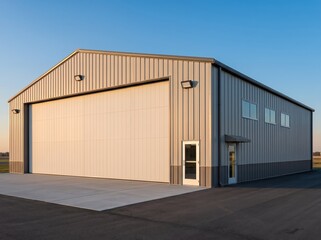 Naklejka premium Beige metal hangar-style building with large white doors and side entrance on asphalt lot under blue sky