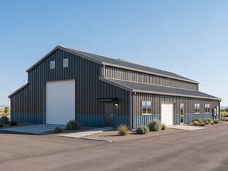 Naklejka premium Dark gray metal barn with white garage doors blue lower walls and side doors on gravel driveway under blue sky