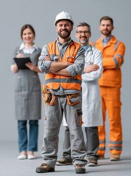 Group of smiling essential workers from various professions standing in a row