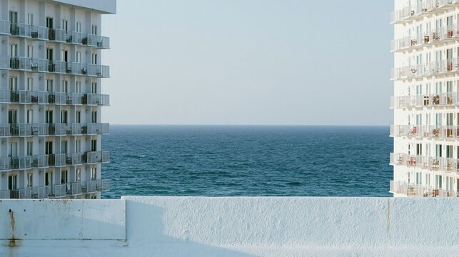 Weathered white hotel facade with rows of balconies overlooking a serene blue ocean for a coastal vacation and travel concept