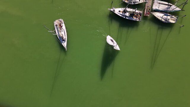 Top-down aerial view of sailboats on green marina water, with a sailing yacht underway beside a small dinghy and dramatic mast shadows across the surface.