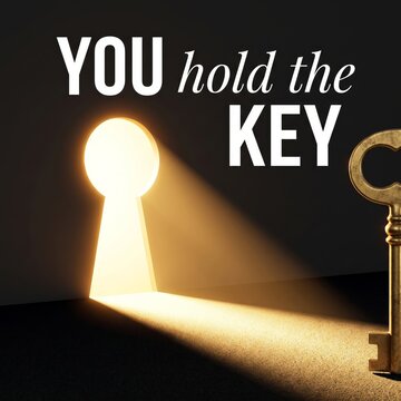 A keyhole illuminated by light from a key symbolizing new opportunities and possibilities