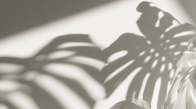 Minimalist background with monstera leaf shadow on a light wall, soft sunlight effect