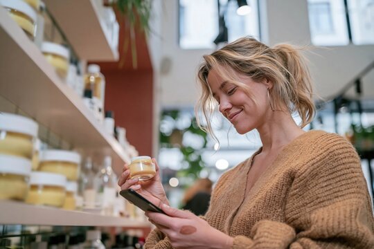 Young woman in a cozy knit cardigan holding a skincare jar and smartphone while shopping in a boutique for beauty retail and mobile app marketing