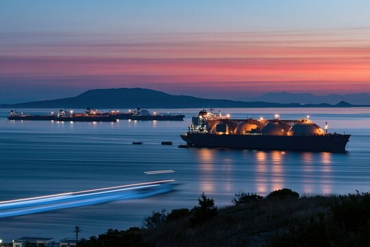 Industrial gas carrier at anchor in a calm bay during blue hour with glowing sunset reflections for energy logistics and maritime security