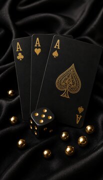 Luxurious casino close up with gold accents playing cards and dice on black satin