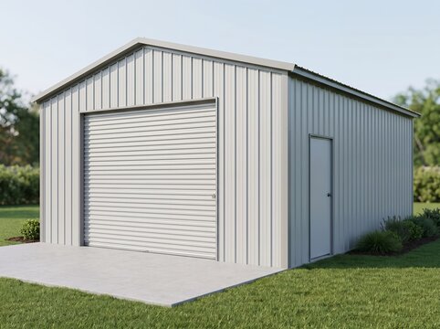 White metal garage with single roll-up door and side door on concrete pad in grassy rural lot