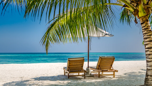 Luxury beach resort, beach loungers near the sea with white sand over sea Tropical island background, summer vacation concept, holiday and tourism design. Exotic landscape inspirational leisure banner