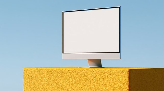 Modern computer monitor with blank white screen on a yellow textured block against a blue sky