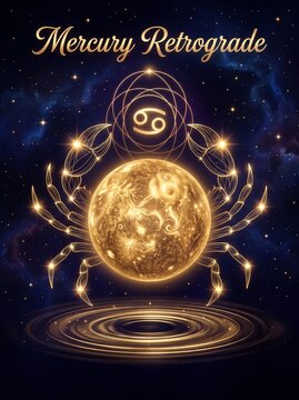 Astrological illustration of mercury retrograde with golden crab and cosmic elements