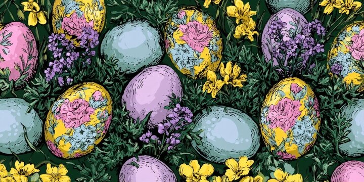 Colorful floral decorated easter eggs nestled among green leaves and yellow flowers