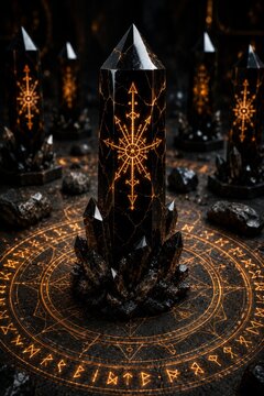 Enigmatic obelisk enveloped by magical crystals within a timeless ancient chamber