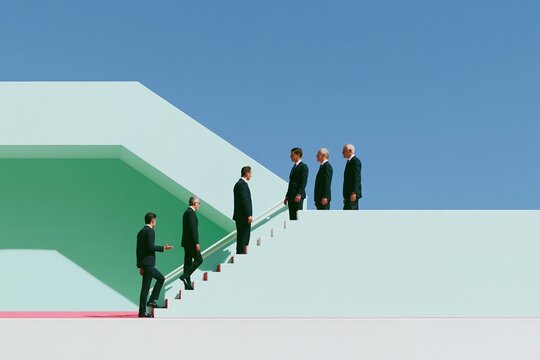 Business people in dark suits having an informal conversation on a mint green modern staircase, bright minimalist architectural setting for corporate branding and design