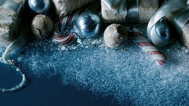 Blue and silver Christmas gifts with candy canes and ornaments on a deep teal surface with wide copy space for a holiday greeting