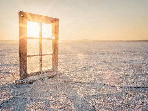 A single wooden window frame standing in a vast salt flat with warm sunlight pouring through the glass for surreal advertising and background use