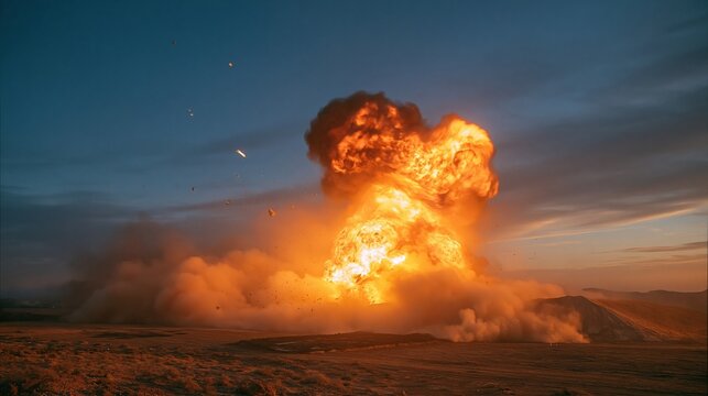 Massive fireball erupts from a dirt berm with a churning red flame head and rolling dust wall under a teal sky for action film and demolition content