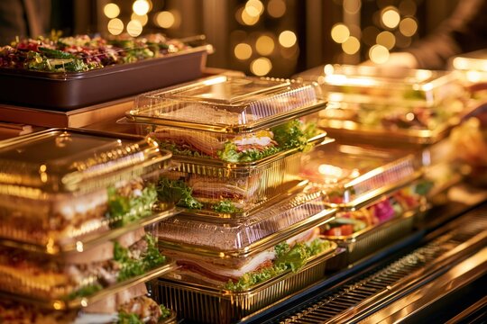 Gourmet sandwiches in gold takeaway containers on a deli counter, glowing with warm and soft for high-end food retail and catering