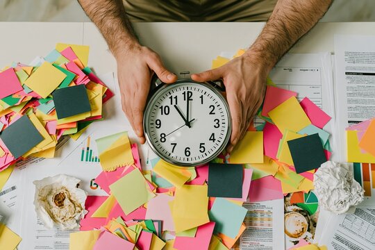 Person holding a round analog clock over a cluttered desk with colorful sticky notes and documents for time management and stress concepts