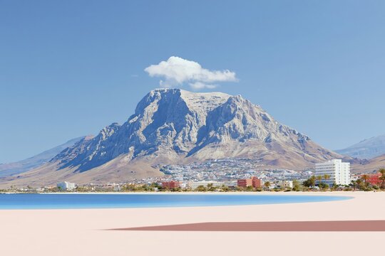 Volcanic mountain peak rising above a calm coastal bay with fine sand beach and clear blue water for travel and luxury resort advertising