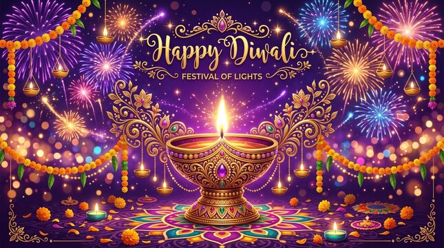 Happy Diwali Festival of Lights Greeting Banner with Decorative Oil Diya Lamp Fireworks and Marigold Floral Garlands