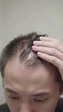 Desperate Japanese Young man looking at severe hair loss in mirror disappointed vertical image with copy space,4K, Seamless loop, Copy space on the top, Vertical video