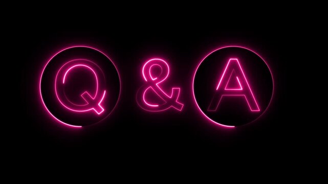 Bright purple neon q and a letters in circles for questions and answers sign on a dark black background
