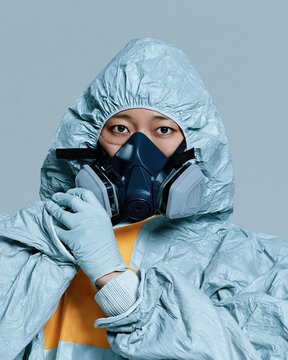 East Asian woman in a crinkled protective suit holding an elastomeric respirator for epidemic preparedness and infection control