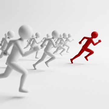 Dynamic red figure leading group of running figures in motion for energy and motivation