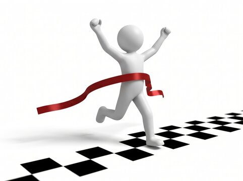 Joyful stick figure celebrating victory by crossing the finish line with enthusiasm