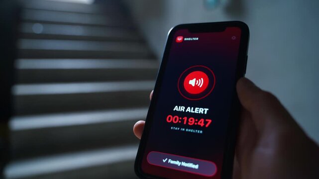 Person sitting in shelter holding smartphone showing air raid alert duration