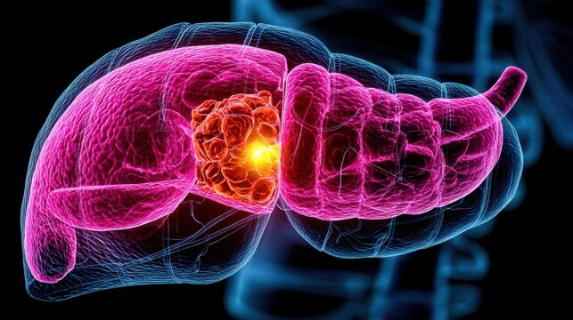 Medical illustration of pancreatic cancer tumor highlighting affected area with vibrant colors, showcasing seriousness of condition