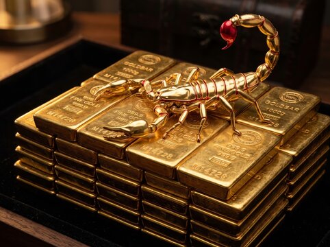 Intricate scorpion figurine resting on stacked gold bars symbolizing wealth and luxury