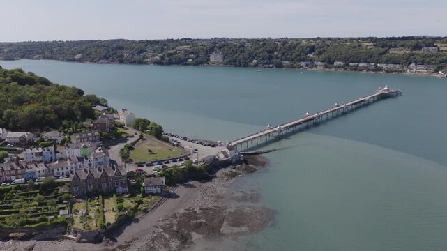 Aerial view of Garth Pier in Bangor. Grade II listed British Victorian pier in the north of Wales, United Kingdom