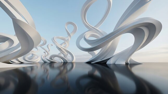 Futuristic architecture with sweeping curves and reflective surfaces against a pale sky