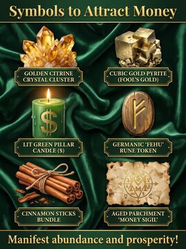 Icons and items that signify wealth and prosperity for achieving financial success