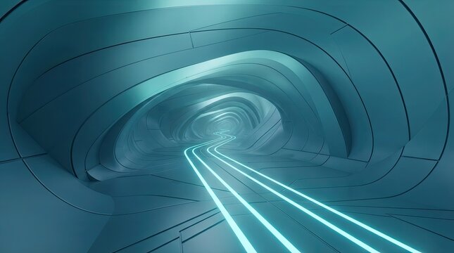 Futuristic tunnel with bright blue light streaks leading towards a distant opening