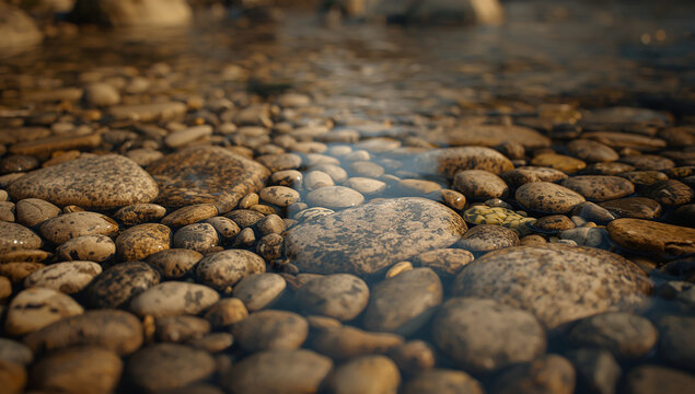 Close up smooth river pebbles submerged under clear shallow flowing water in warm sunlight for peaceful natural stone texture background