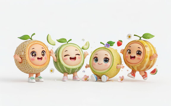 Happy anthropomorphic fruit characters featuring cute melons and tropical fruits in a playful 3D rendered cartoon style collection